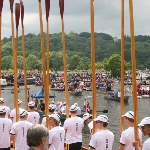 Magna Carta 800 Years Celebrations at Runnymede with crowds. Gloriana and tossed oars by Windsor boys