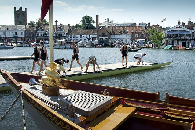 Gloriana next to the regatta pontoons at Henley