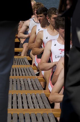 Young rowers rowing Gloriana at Henley Royal Regatta