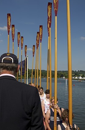 A view from Malcolm's shoulder down the crew and upright oars