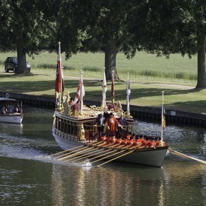 The Queen's Row Barge Gloriana, with HM The Queen, Prince Andrew, Earl and Countess of Wessex, The Duke of Kent and The Duke and Duchess of Gloucester aboard go for an afternoon row on the River Thames at Windsor