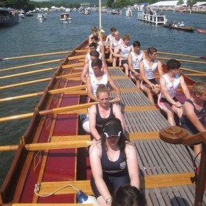 A Leander & Upper Thames mixed youth crew row Gloriana at HRR