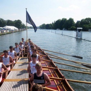 A Leander & Upper Thames mixed youth crew row Gloriana at HRR