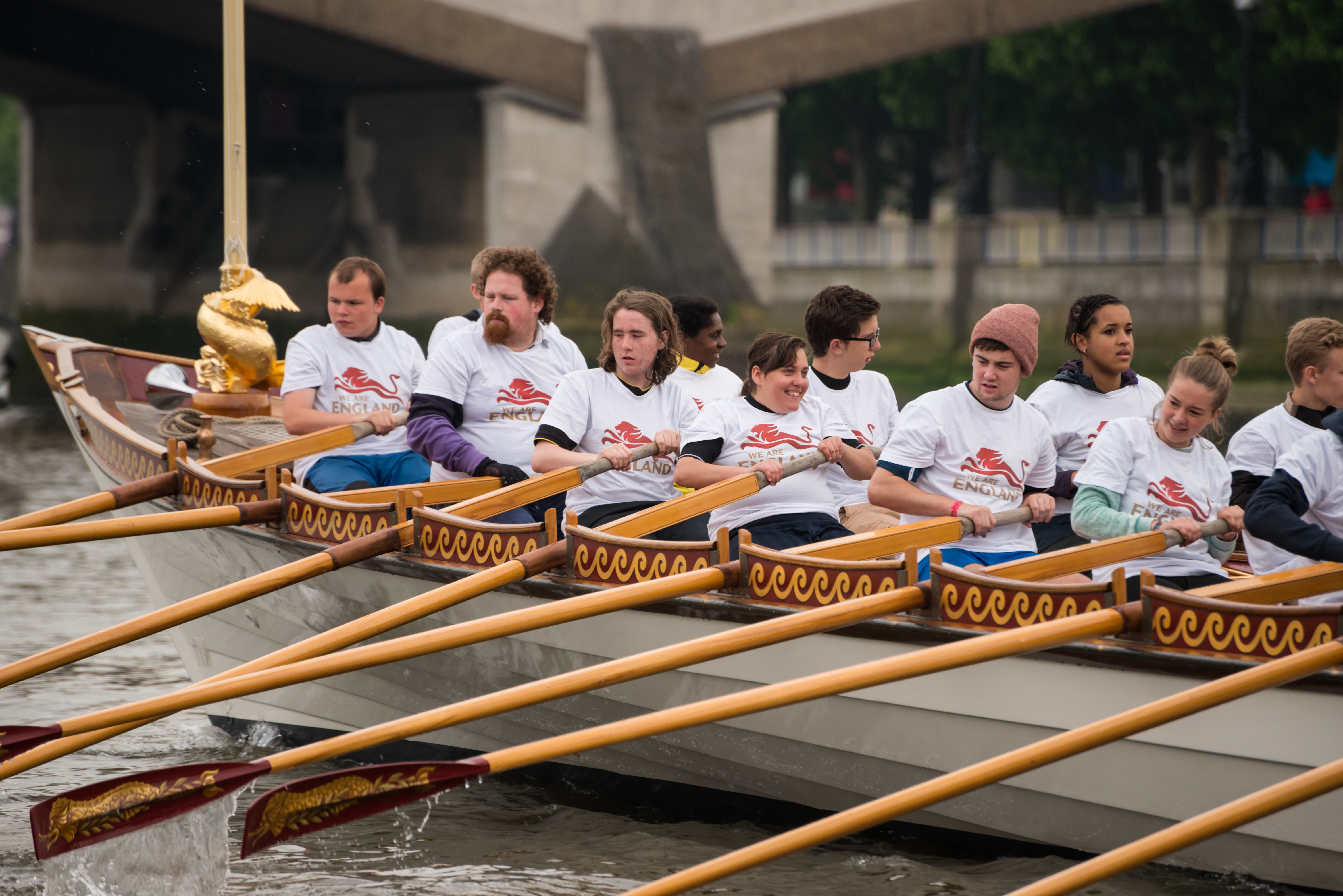 7/6/14. Commonwealth Baton Relay. The Queen's Royal Barge, 'Gloriana', is rowed up the Thames with the Commonwealth Baton aboard. Credit: Port of London Authority/TW/Ben Fitzpatrick.