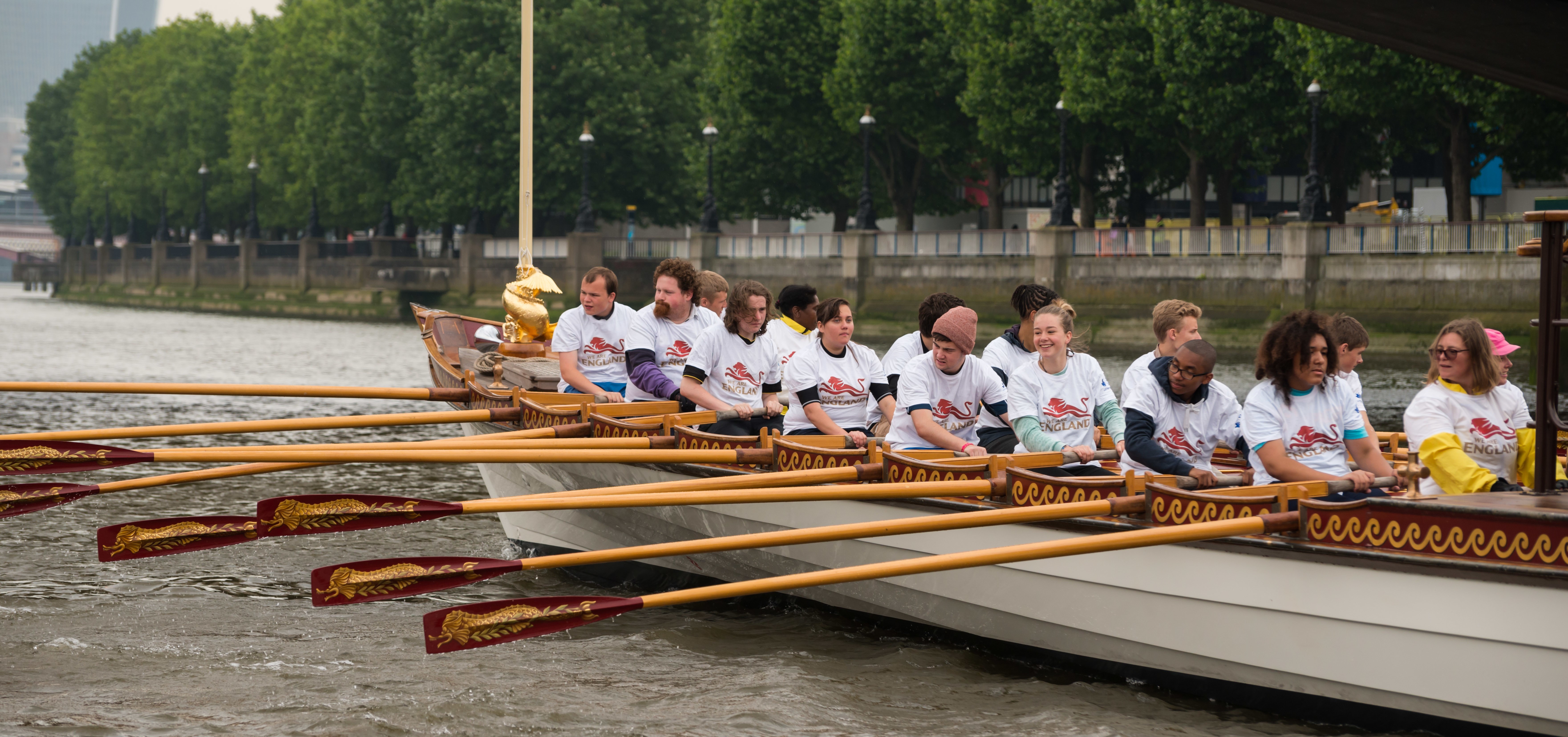 7/6/14. Commonwealth Baton Relay. The Queen's Royal Barge, 'Gloriana', is rowed up the Thames with the Commonwealth Baton aboard. Credit: Port of London Authority/TW/Ben Fitzpatrick.