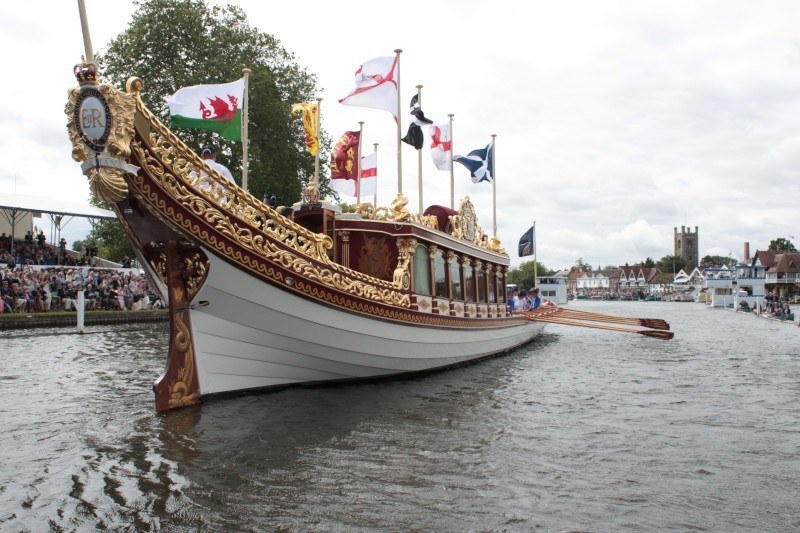 The Queen's Rowbarge Gloriana crewed by past Olympians