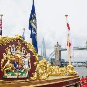 Details of the MV Gloriana as it rows up the Thames as part of HM The Queen's 90th Birthday celebrations