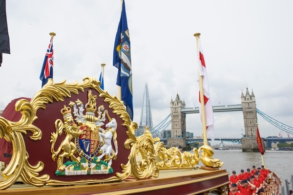 Details of the MV Gloriana as it rows up the Thames as part of HM The Queen's 90th Birthday celebrations