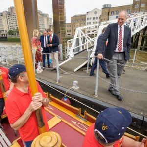 Sir Steve Redgrave chats with the crew on board the Gloriana MV Gloriana rows up the Thames as part of HM The Queen's 90th Birthday celbrations