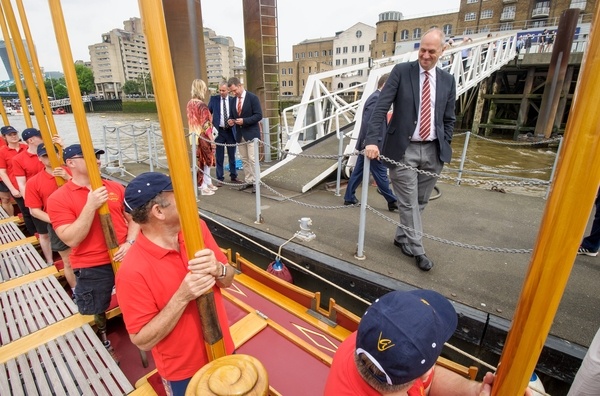 Sir Steve Redgrave chats with the crew on board the Gloriana MV Gloriana rows up the Thames as part of HM The Queen's 90th Birthday celbrations