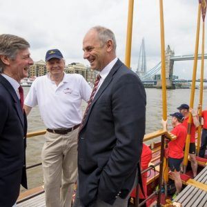 Peter Warwick, Thames Alive, Matthew Gordon, Cox talk with Sir Steve Redgrave on board the Gloriana