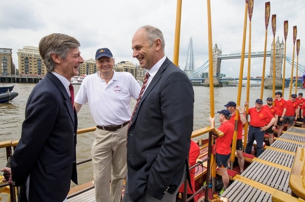 Peter Warwick, Thames Alive, Matthew Gordon, Cox talk with Sir Steve Redgrave on board the Gloriana