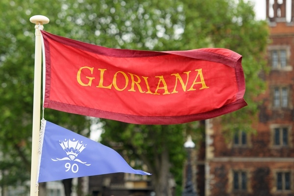 Bow flag of the Gloriana with 90th birthday pennant