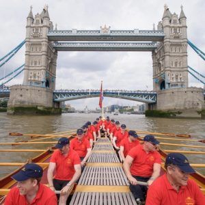 MV Gloriana rows up the Thames as part of HM The Queen's 90th Birthday celbrations