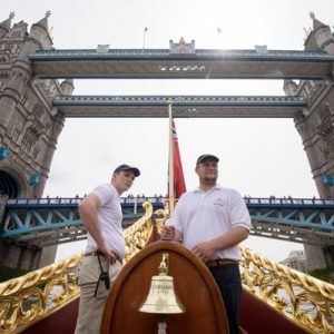 MV Gloriana rows up the Thames as part of HM The Queen's 90th Birthday celbrations