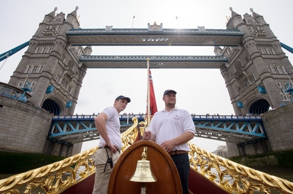 MV Gloriana rows up the Thames as part of HM The Queen's 90th Birthday celbrations