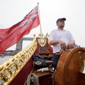 MV Gloriana rows up the Thames as part of HM The Queen's 90th Birthday celbrations