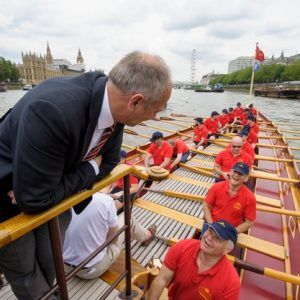 Sir Steve Redgrave talks to the crew of The Gloriana MV Gloriana rows up the Thames as part of HM The Queen's 90th Birthday celbrations