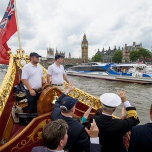 On board The Gloriana MV Gloriana rows up the Thames as part of HM The Queen's 90th Birthday celebrations