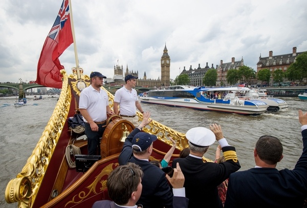 On board The Gloriana MV Gloriana rows up the Thames as part of HM The Queen's 90th Birthday celebrations