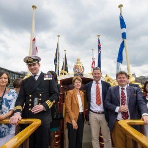 On board The Gloriana MV Gloriana rows up the Thames as part of HM The Queen's 90th Birthday celbrations