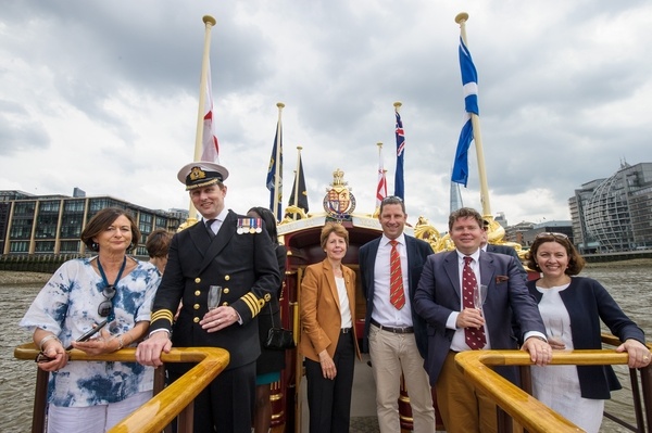 On board The Gloriana MV Gloriana rows up the Thames as part of HM The Queen's 90th Birthday celbrations