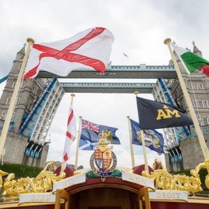 The Gloriana passes HMS Belfast