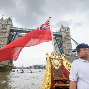 Will McKee, the Skipper on board the MV Gloriana as it rows up the Thames as part of HM The Queen's 90th Birthday celebrations
