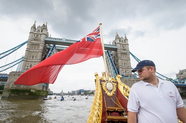 Will McKee, the Skipper on board the MV Gloriana as it rows up the Thames as part of HM The Queen's 90th Birthday celebrations