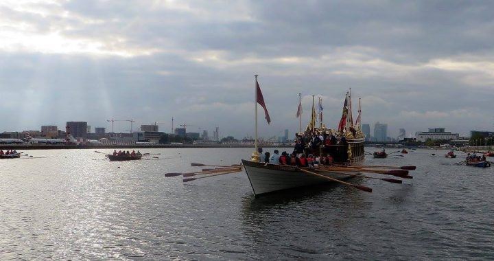 Gloriana being rowed by school children at Gloriana Achievers Day at London's Royal Docks