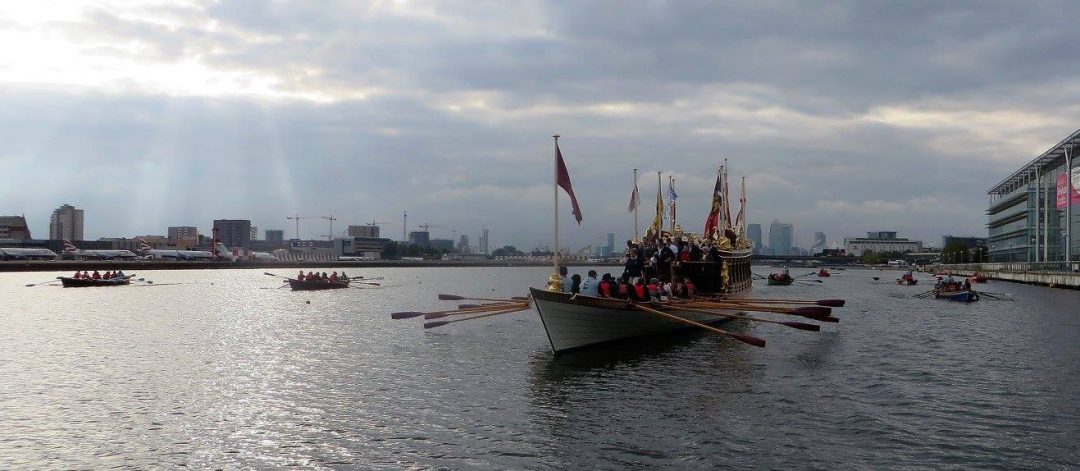 Gloriana being rowed by school children at Gloriana Achievers Day at London's Royal Docks